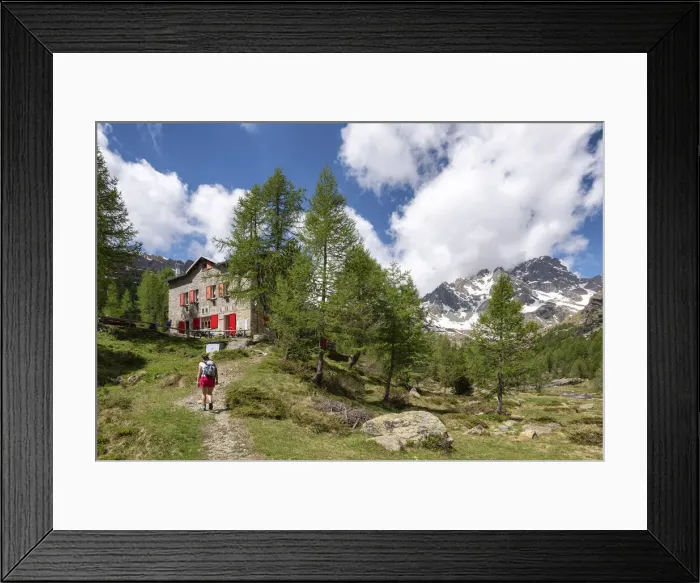 Framed Print : Hiker walking to Bosio hut in Valmalenco during summer, Valtellina, Sondrio Province Framed Print : Hiker walking to Bosio hut in Valmalenco during summer, Valtellina, Sondrio Province