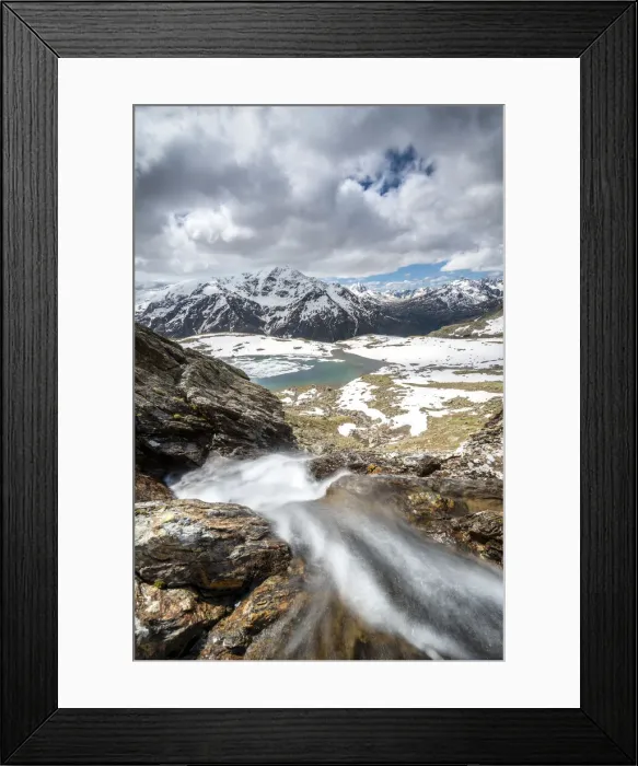 Framed Print : The thaw of Lake Manzina, Pizzo Tresero in backgroung in Valfurva valley, Valtellina Framed Print : The thaw of Lake Manzina, Pizzo Tresero in backgroung in Valfurva valley, Valtellina