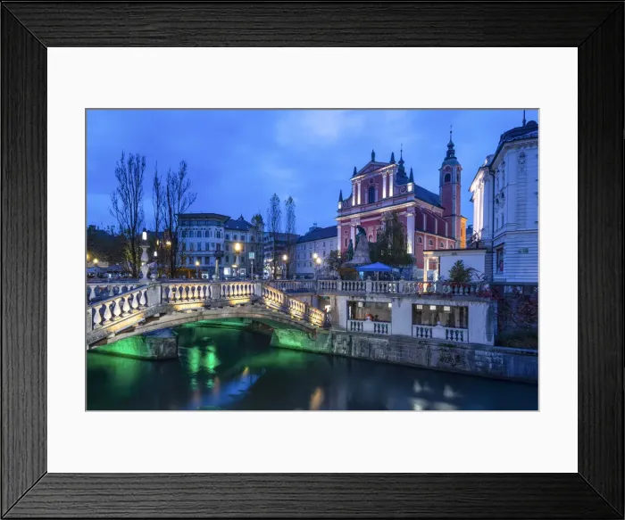Framed Print : Tromostovje (Triple bridge) and Franciscan Church of the Annunciation in the center of Framed Print : Tromostovje (Triple bridge) and Franciscan Church of the Annunciation in the center of