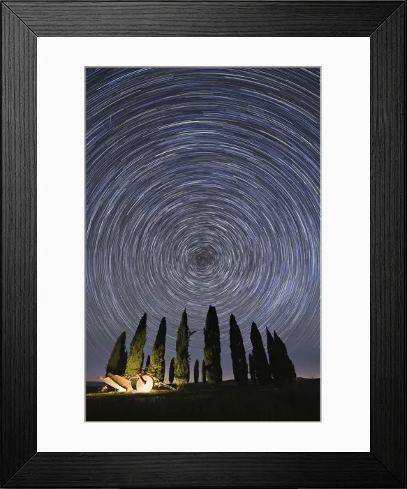 Framed Print : Rotation of the stars around Polaris, near the iconic Cypresses of San Quirico d