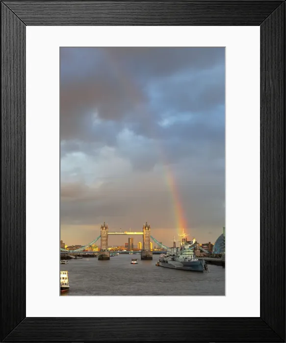 Framed Print : Tower Bridge and HMS Belfast from London Bridge at sunset with rainbow, London Framed Print : Tower Bridge and HMS Belfast from London Bridge at sunset with rainbow, London