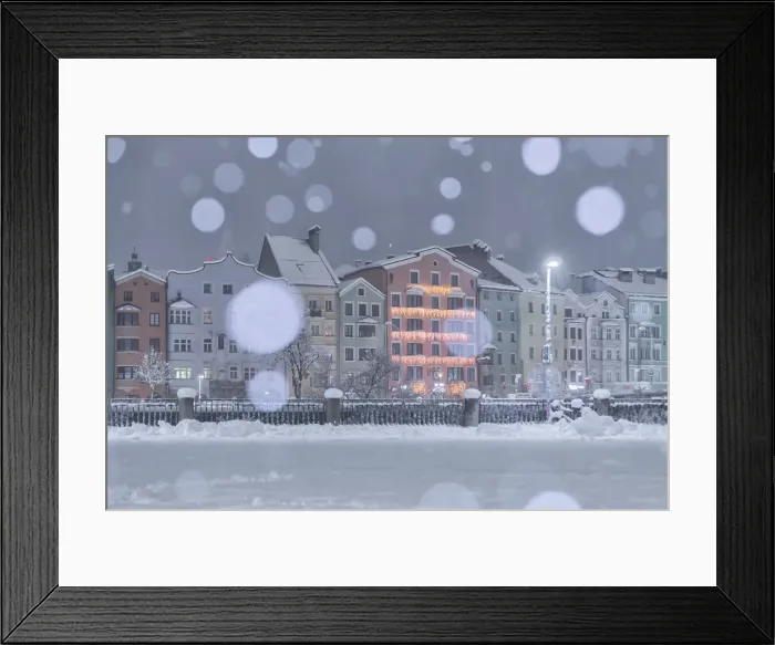 Framed Print : A snowy night by the Mariahilf buildings, Marktplatz, Innsbruck, Tyrol, Austria
