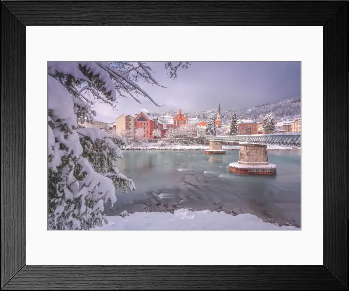 Framed Print : Sankt Nikolaus district as seen from the Inn Promenade after a snowy morning, Innsbruck Framed Print : Sankt Nikolaus district as seen from the Inn Promenade after a snowy morning, Innsbruck