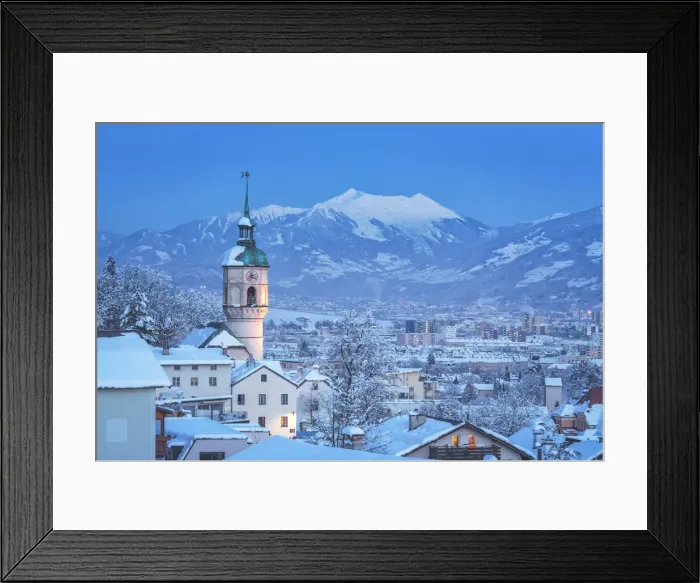 Framed Print : The tower of the old parish church of H√∂tting on a cold freezing evening, Innsbruck, Tyrol, Austria