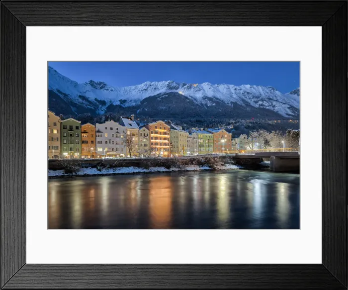 Framed Print : The classic view of the snow covered Mariahilf buildings with the Nordkette mountains in Framed Print : The classic view of the snow covered Mariahilf buildings with the Nordkette mountains in