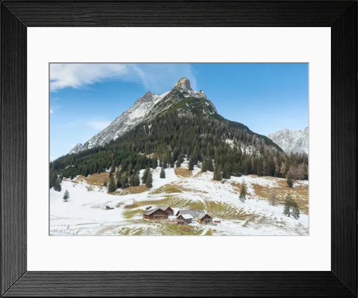 Framed Print : Walder Alm on a winter day with the iconic Hundskopf mountain in the background Framed Print : Walder Alm on a winter day with the iconic Hundskopf mountain in the background