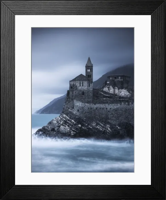 Framed Print : Church of San Pietro taken from the Palmaria island on a cloudy evening Framed Print : Church of San Pietro taken from the Palmaria island on a cloudy evening