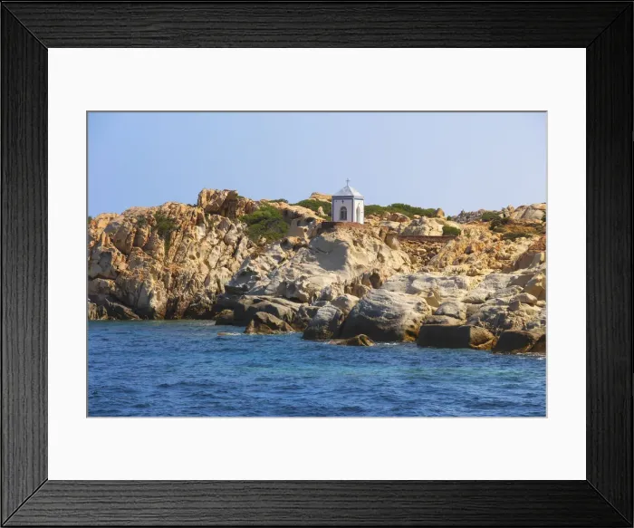 Framed Print : View from the boat on the Cappella della Madonnetta in Cala Carlotto, La Maddalena island Framed Print : View from the boat on the Cappella della Madonnetta in Cala Carlotto, La Maddalena island