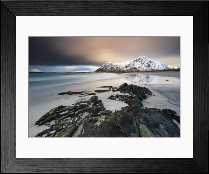 Framed Print : Sunset at Skagsanden beach, Flakstadoya, Nordland, Lofoten, Norway Framed Print : Sunset at Skagsanden beach, Flakstadoya, Nordland, Lofoten, Norway