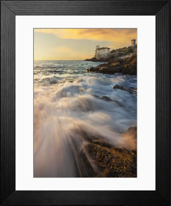 Framed Print : Waves during sunset at Castello del Boccale, Livorno, Tuscany, Italy