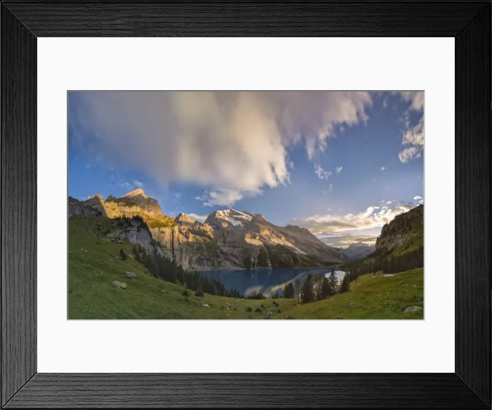 Framed Print : Panoramic view of Oeschinensee at sunset, Berner Oberland, Switzerland Framed Print : Panoramic view of Oeschinensee at sunset, Berner Oberland, Switzerland