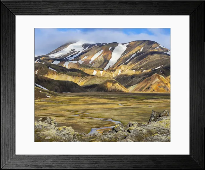 Framed Print : Elevated view of Landmannalaugar valley and mountains during summer, Landmannalaugar Framed Print : Elevated view of Landmannalaugar valley and mountains during summer, Landmannalaugar