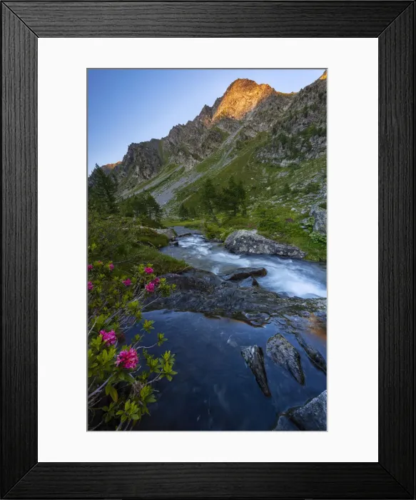 Framed Print : River and mountains at Arpy lake at sunset during summer, Morgex, Valle D‚AoAosta, Italy Framed Print : River and mountains at Arpy lake at sunset during summer, Morgex, Valle D‚AoAosta, Italy