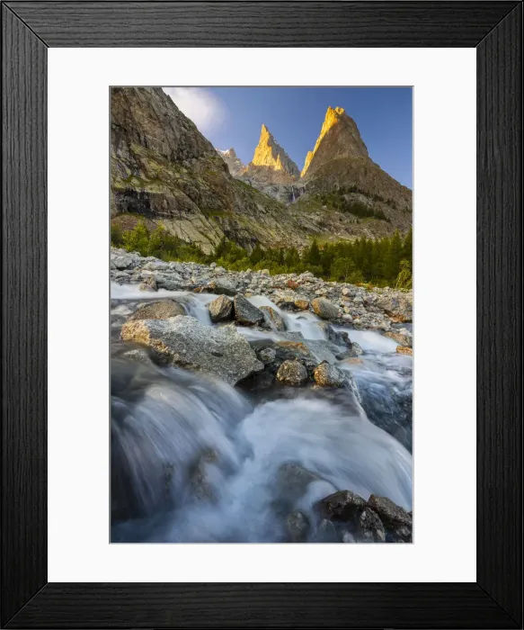 Framed Print : Dora di Veny river and Aiguille Noire de Peuterey at sunset during summer, Val Veny, La Visaille, Courmayeur, Valle D‚AoAosta, Italy