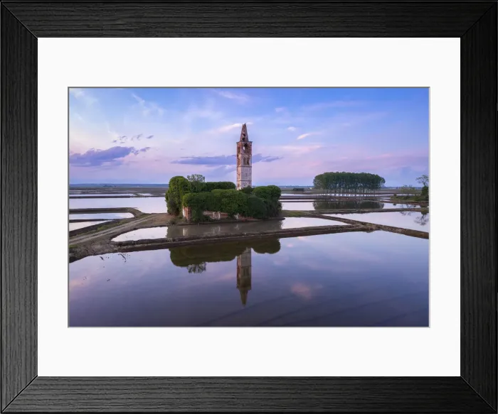Framed Print : Sunset over the rice fields and abandoned church of Sant Antonio Framed Print : Sunset over the rice fields and abandoned church of Sant Antonio