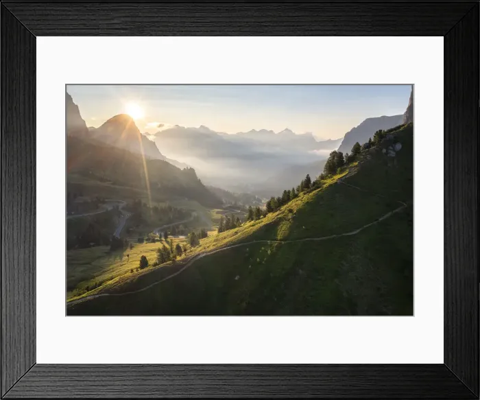 Framed Print : Gardena Pass and Sassongher at dawn. Dolomites, South Tyrol, Bolzano district, Italy