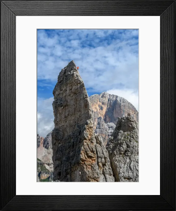 Framed Print : Climber on Cinque Torri (Tofane on background), Cortina d Ampezzo, Belluno district Framed Print : Climber on Cinque Torri (Tofane on background), Cortina d Ampezzo, Belluno district