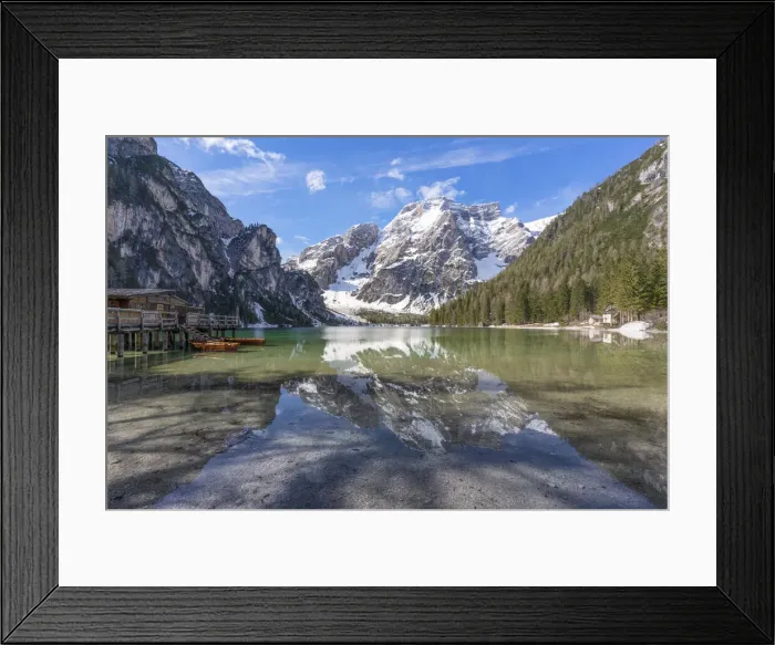 Framed Print : Italy, Trentino, Dolomites: morning reflections on the Braies Lake
