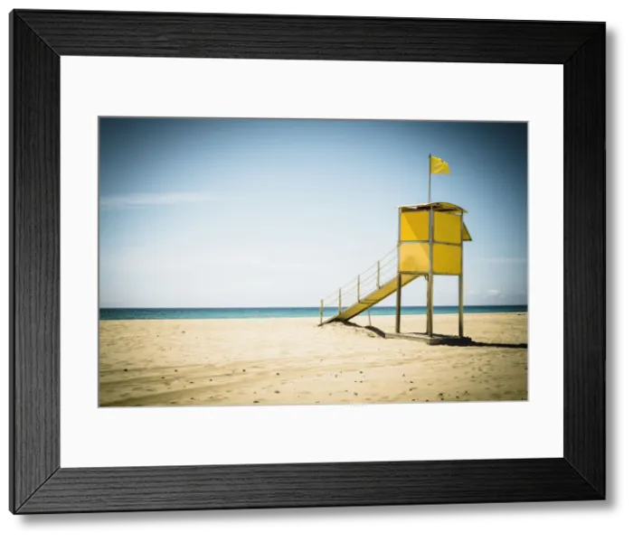 Framed Print : Lifeguards hut on fine sand beach by the ocean, Morro Jable, Fuerteventura Framed Print : Lifeguards hut on fine sand beach by the ocean, Morro Jable, Fuerteventura