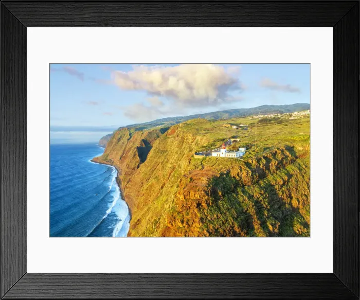 Framed Print : Sunset over Ponta do Pargo lighthouse on top of cliffs, aerial view, Calheta, Madeira Framed Print : Sunset over Ponta do Pargo lighthouse on top of cliffs, aerial view, Calheta, Madeira