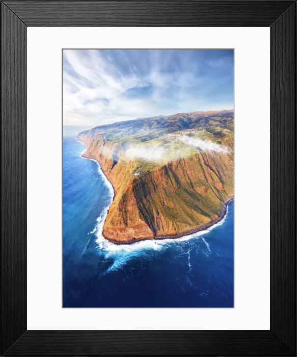 Framed Print : Waves crashing on the majestic Ponta do Pargo cliffs at sunset, aerial view, Calheta Framed Print : Waves crashing on the majestic Ponta do Pargo cliffs at sunset, aerial view, Calheta
