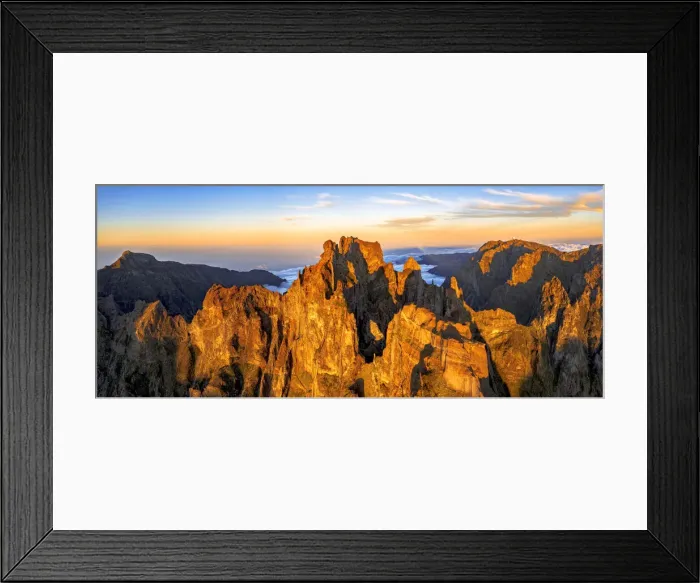 Framed Print : Pico das Torres and Pico do Arieiro mountains lit by sunset, aerial view, Madeira island Framed Print : Pico das Torres and Pico do Arieiro mountains lit by sunset, aerial view, Madeira island