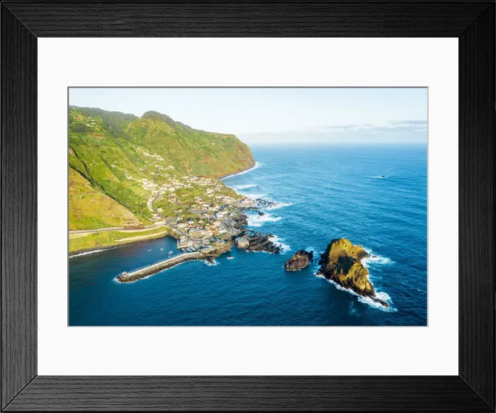 Framed Print : Sunrise over mountains and Porto Moniz village by the ocean, Madeira island, Portugal Framed Print : Sunrise over mountains and Porto Moniz village by the ocean, Madeira island, Portugal