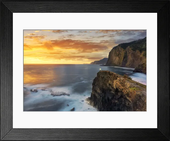 Framed Print : Hiker with head torch admiring sunrise from cliffs at Miradouro Do Guindaste viewpoint Framed Print : Hiker with head torch admiring sunrise from cliffs at Miradouro Do Guindaste viewpoint