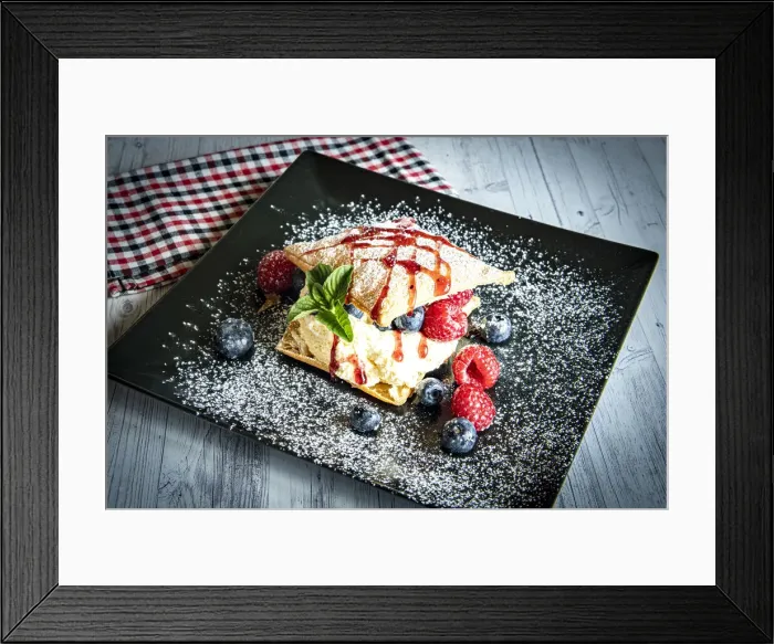 Framed Print : Puff cake dessert with berries garnished with caramel, Italy Framed Print : Puff cake dessert with berries garnished with caramel, Italy
