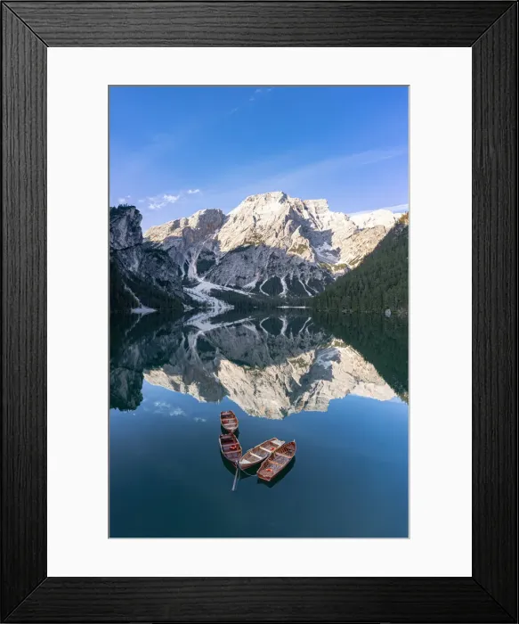 Framed Print : boats in lake Braies (Pragser Wildsee) and Croda del Becco reflected in water, Dolomites Framed Print : boats in lake Braies (Pragser Wildsee) and Croda del Becco reflected in water, Dolomites