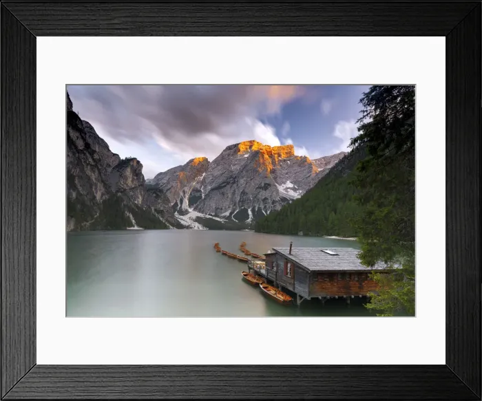Framed Print : Lake Braies / Pragser Wildsee at sunset with Croda del Becco mountain on background Framed Print : Lake Braies / Pragser Wildsee at sunset with Croda del Becco mountain on background