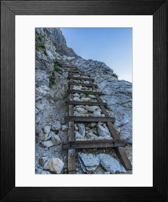 Framed Print : Staircase on steep mountain ridge on path to Rifugio Zsigmondy Comici hutte Framed Print : Staircase on steep mountain ridge on path to Rifugio Zsigmondy Comici hutte