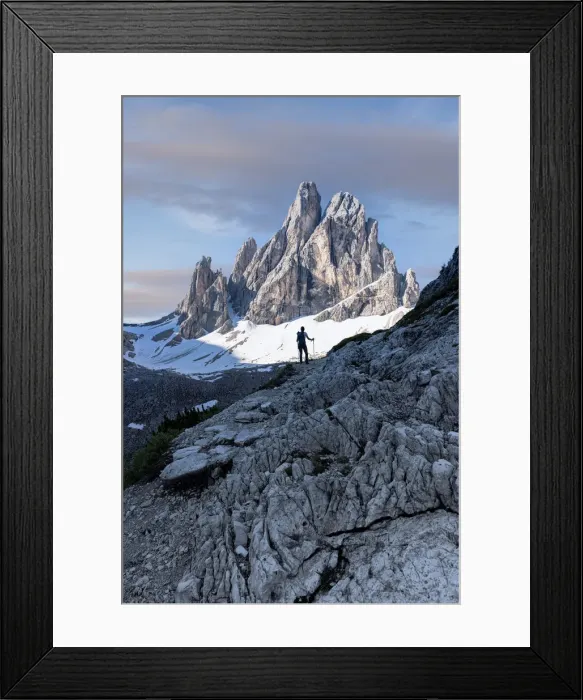 Framed Print : Silhouette of woman on rocks looking at Croda Dei Toni mountain at dawn, Val Fiscalina Framed Print : Silhouette of woman on rocks looking at Croda Dei Toni mountain at dawn, Val Fiscalina