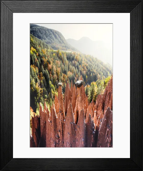 Framed Print : Foggy sky in autumn over the earth pyramids natural monument, Longomoso, Renon / Ritten Framed Print : Foggy sky in autumn over the earth pyramids natural monument, Longomoso, Renon / Ritten