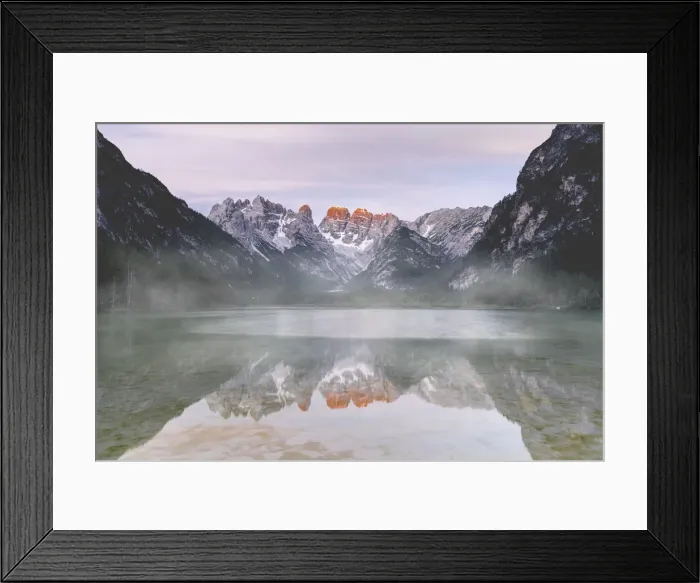 Framed Print : Cristallo and Popena group reflecting in lake Landro during a misty sunset, Dolomites