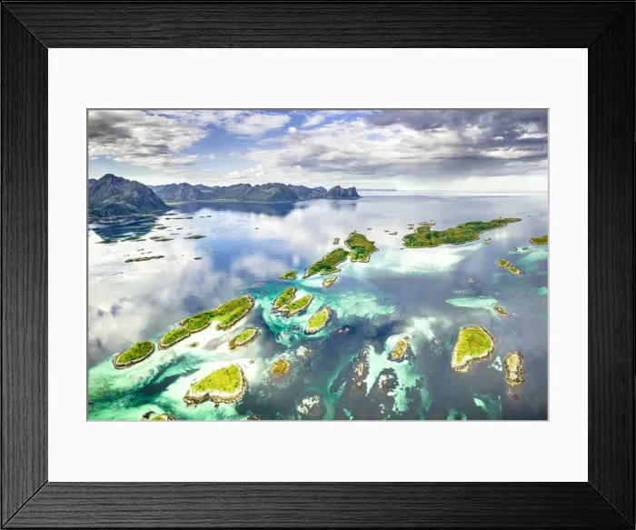 Framed Print : Small idyllic islands of Bergsoyan along the fjord, aerial view, Hamn I Senja, Skaland