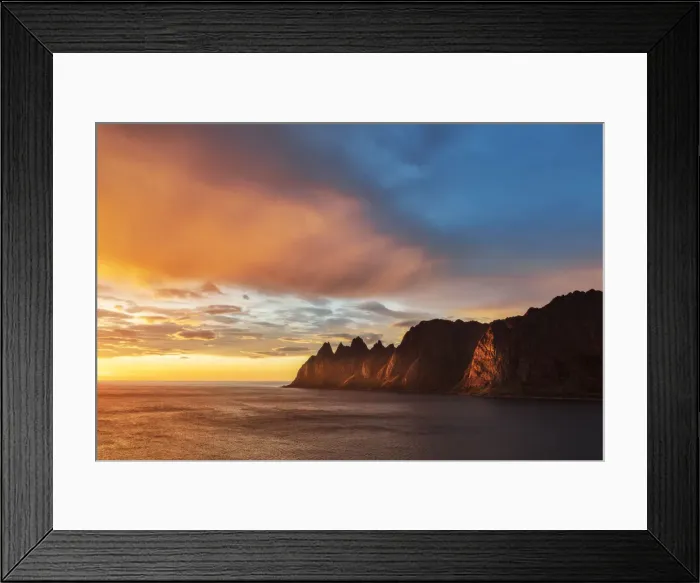 Framed Print : Midnight sun over the mountain peaks Devils Teeth, Tungeneset, Senja, Troms county Framed Print : Midnight sun over the mountain peaks Devils Teeth, Tungeneset, Senja, Troms county