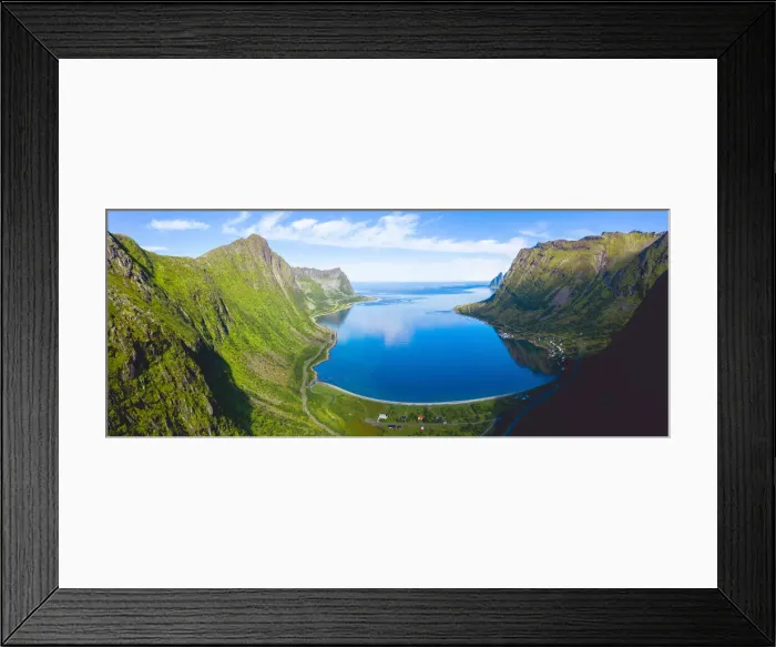 Framed Print : Blue sea of fjord framed by Husfjellet mountain in summer, aerial view, Steinfjord, Senja Framed Print : Blue sea of fjord framed by Husfjellet mountain in summer, aerial view, Steinfjord, Senja