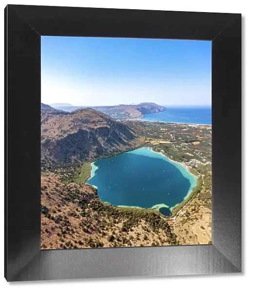 scenic blue lake Kournas nestled between mountains and sea, Georgioupolis, Chania, Crete