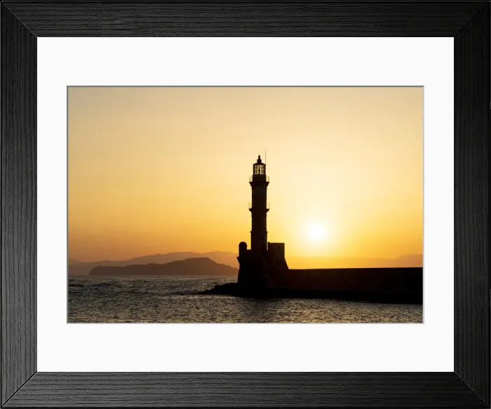 Framed Print : Silhouette of Chania old lighthouse at sunset, Crete island, Greece Framed Print : Silhouette of Chania old lighthouse at sunset, Crete island, Greece