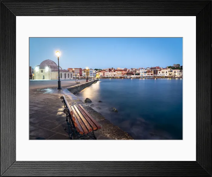 Framed Print : Bench by the sea nearby the old mosque of Chania at dusk, Crete island, Greece Framed Print : Bench by the sea nearby the old mosque of Chania at dusk, Crete island, Greece