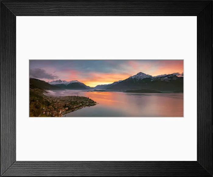 Framed Print : Panoramic of Lake Como and the lakeshore town of Domaso at sunrise, aerial view