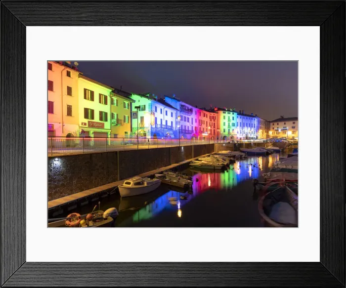 Framed Print : Traditional houses of Domaso colored by Christmas lights, Lake Como, province of Como