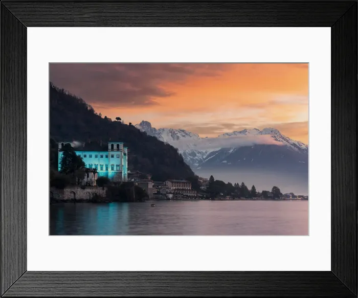 Framed Print : Charming old building Palazzo Gallio and snowy peaks at sunrise during Christmas time Framed Print : Charming old building Palazzo Gallio and snowy peaks at sunrise during Christmas time