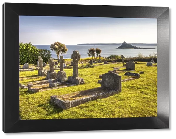 Old Marazion Cemetery and view of St. Michael`s Mount, Cornwall, England