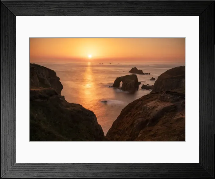 Framed Print : Sunset over Enys Dodnan, Armoured Knight and Longships Lighthouse, Lands End, Cornwall