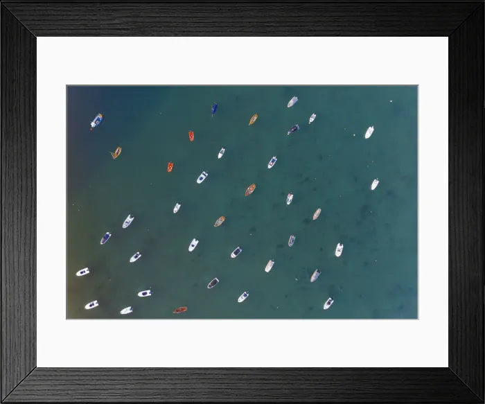 Framed Print : Aerial view of small boats in Salcombe Harbour, South Hams, Devon, England