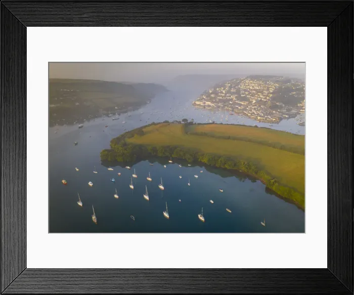 Framed Print : Aerial view of Salcombe and the Kingsbridge Estuary at dawn on a misty morning Framed Print : Aerial view of Salcombe and the Kingsbridge Estuary at dawn on a misty morning