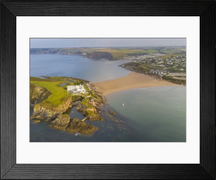 Framed Print : Aerial view of Burgh Island Hotel at Bigbury in the South Hams of Devon, England Framed Print : Aerial view of Burgh Island Hotel at Bigbury in the South Hams of Devon, England