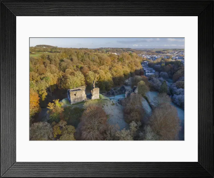 Framed Print : Aerial view of Okehampton Castle on a frosty autumn morning, Okehamton, Devon, England Framed Print : Aerial view of Okehampton Castle on a frosty autumn morning, Okehamton, Devon, England